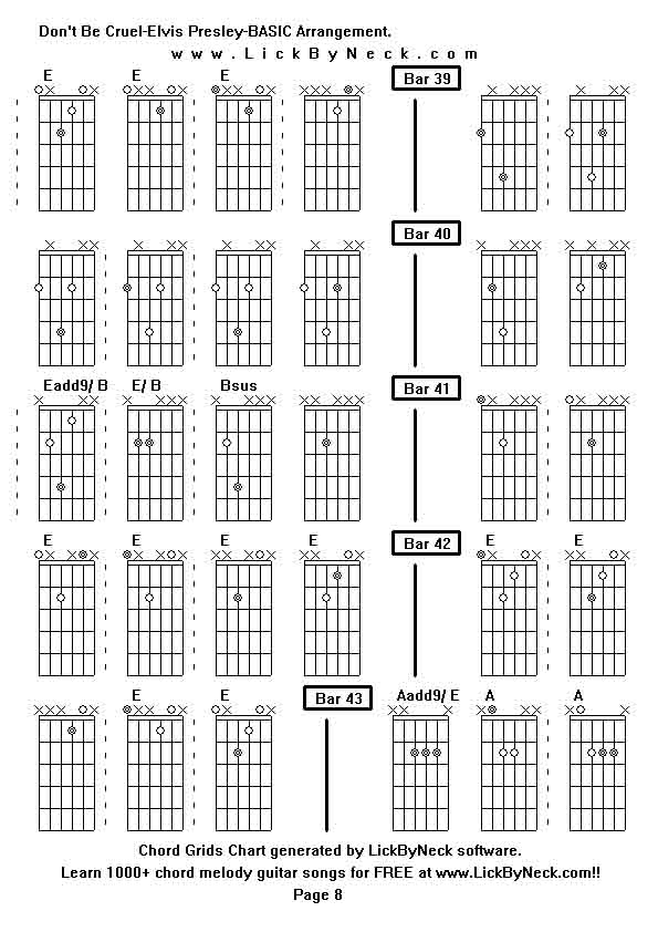 Chord Grids Chart of chord melody fingerstyle guitar song-Don't Be Cruel-Elvis Presley-BASIC Arrangement,generated by LickByNeck software.